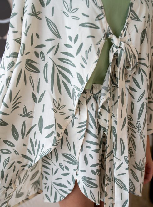 Women summer 3 piece pajama set Mint Top + Green Leaves kimono & Short